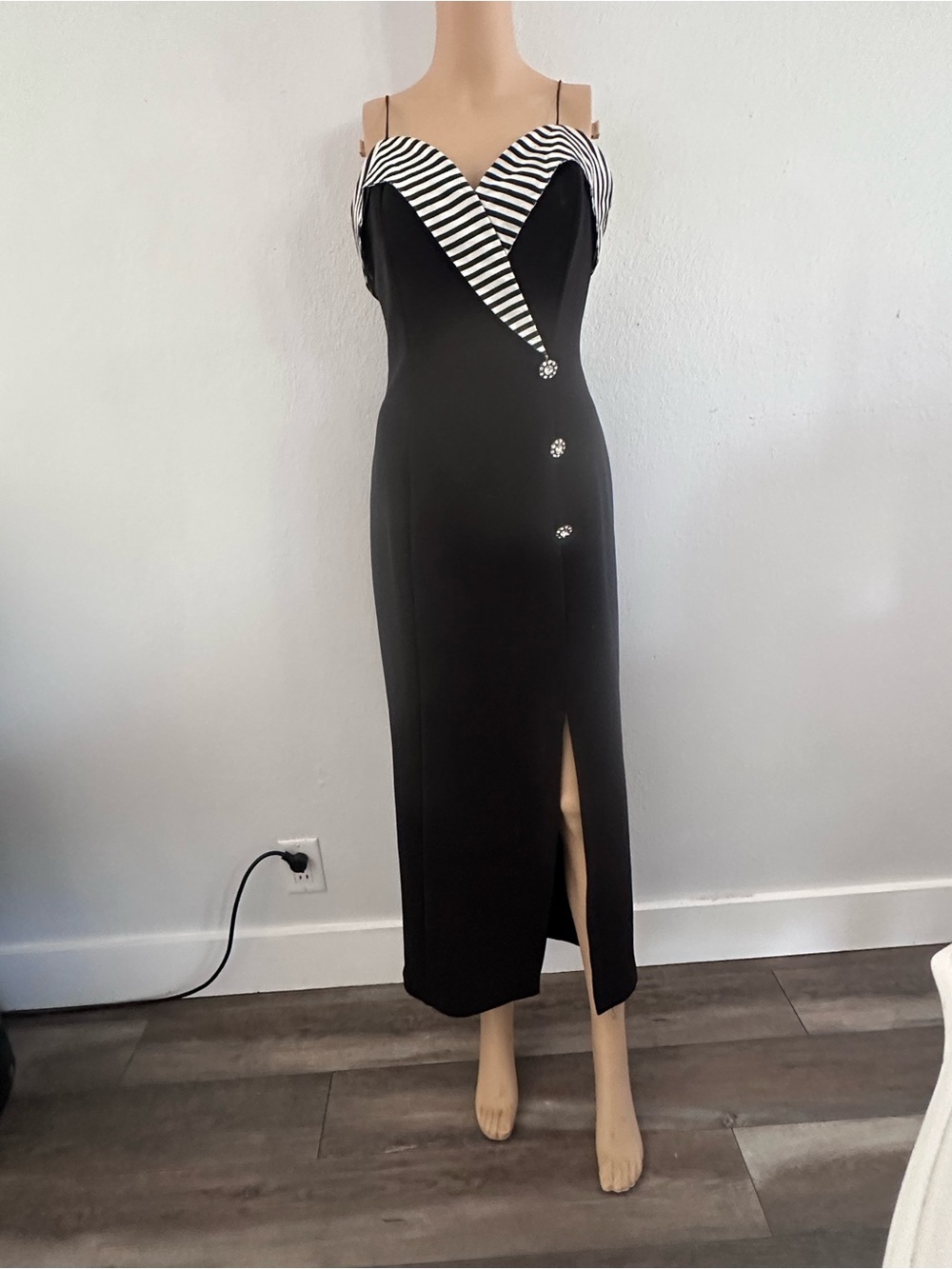 Vintage retro-glam" revival Tuxedo Glam Wiggle Maxi Dress  rhinestone buttons